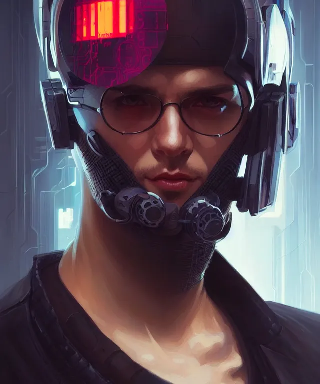 Image similar to Hacker cyberpunk man portrait, highly detailed, digital painting, artstation, concept art, smooth, sharp focus, illustration, art by artgerm and greg rutkowski and alphonse mucha