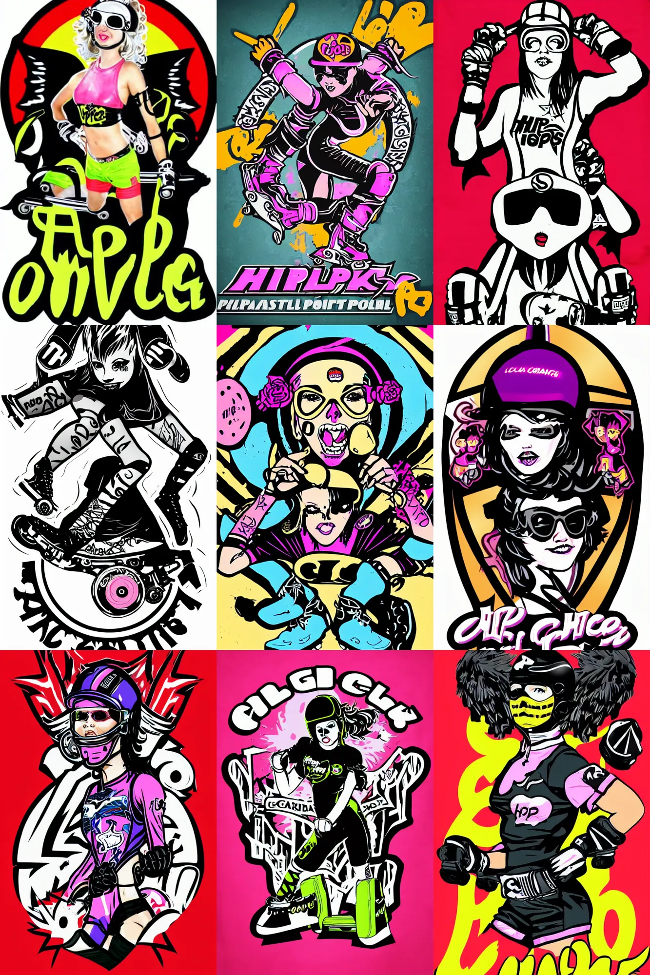 Prompt: logo of hip goth chick as roller derby girl portrait,team logo, wearing skating helmet, wearing quad skates, wearing knee and elbow pads, dynamic skating, Philippe Caza