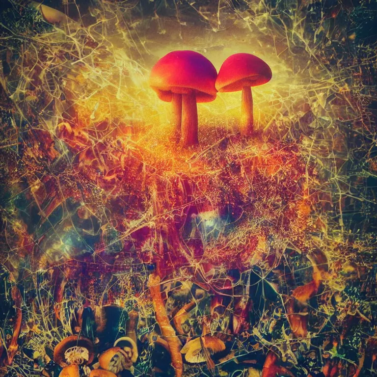 Image similar to double exposure of dally life, symbols of live, explosion, cyber mushroom city, love is the most relevant theme, love is infinity, love is begin of all, 8 k resolution, artistic mode, artistic, trending on instagram, long exposure, love art, serious, fantasy and dreams vibes, mushrooms style and macro style, colorful picture