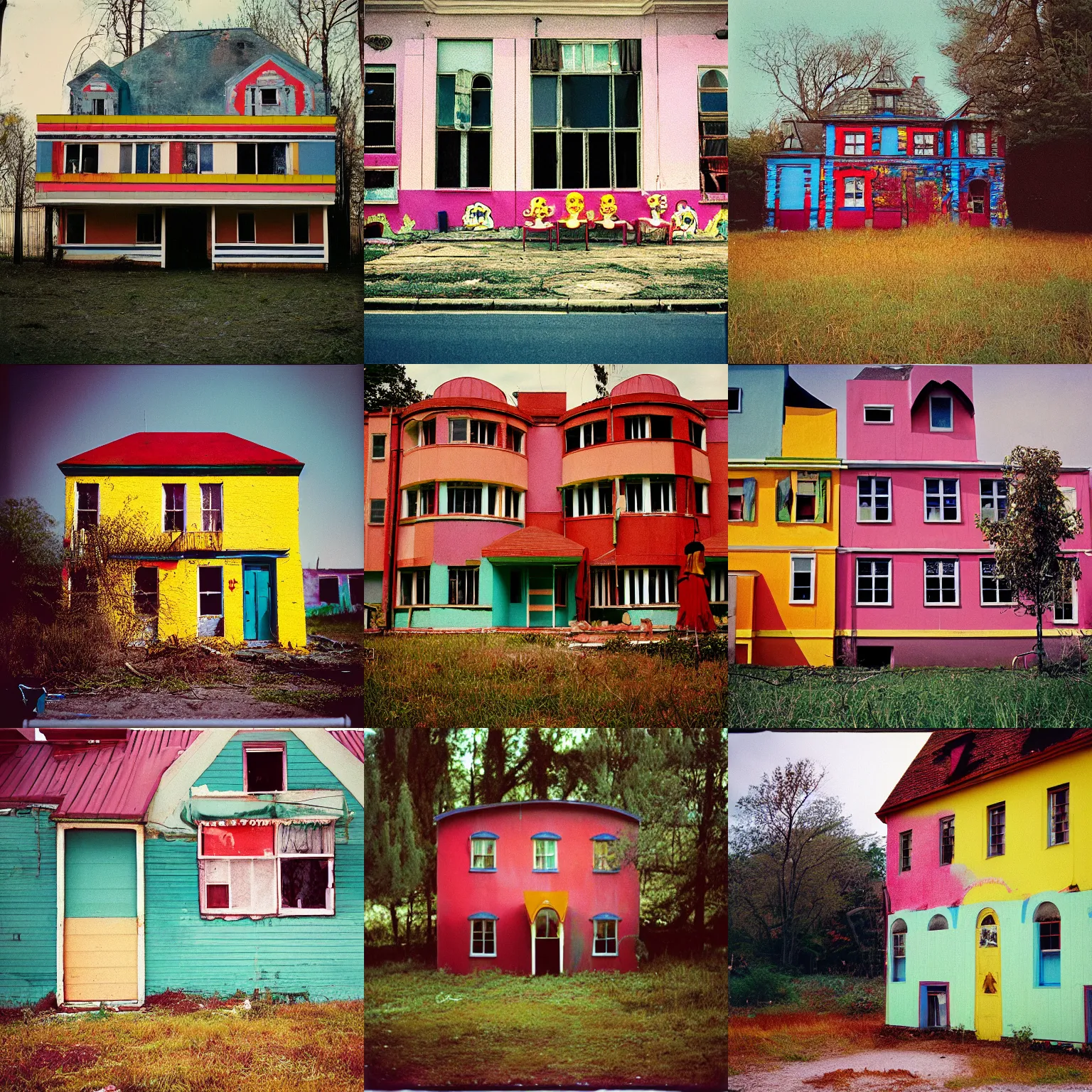 Prompt: “film photo of a colorful mansion for clowns that has been abandoned, retro vintage nostalgic, Fujica GW690 Kodak Portra 160 medium format”