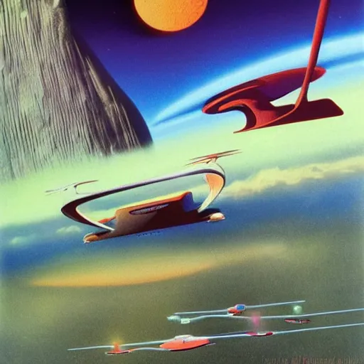 Prompt: flying highways and cars, personalized robots, journeys between planets. retro futurism, artwork by roger dean, by dean ellis,