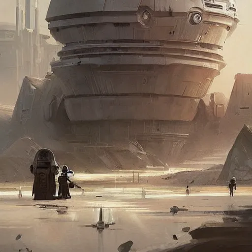 Prompt: star wars concept art by greg rutkowski, a post - modern city near to a big lake and a boreal forest, sharp foccus, cinematic ilumination, nostalgic atmosphere.