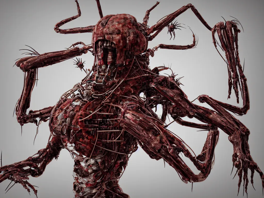 Prompt: Techno-biological iron-meat spider with big artillery cannon in his torso. Consisting of tumors, veins, guts, kidneys, wires, shafts. The head is made of mechanisms and a fanged maw. Bodyhorror, biopunk, extremely high detail, ultra realistic, photorealism, concept art, octane render, view from a distance, 8k, 16k