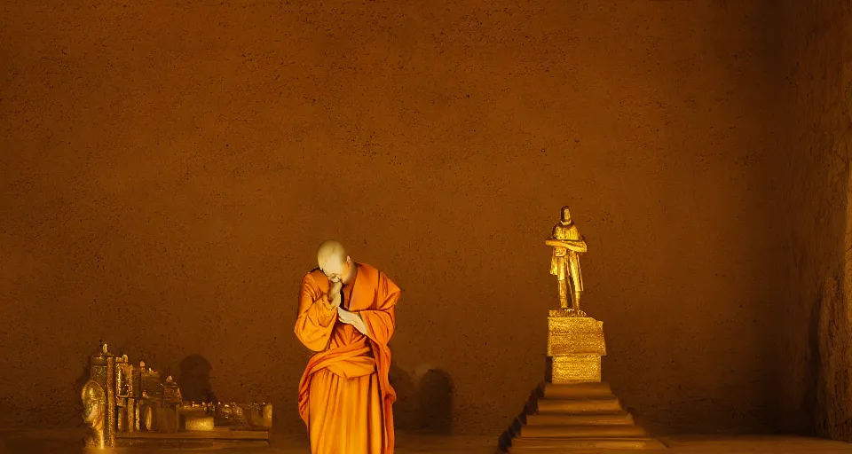 Prompt: a golden statue of a monk praying inside if a desert temple, atmospheric lighting, 4 k
