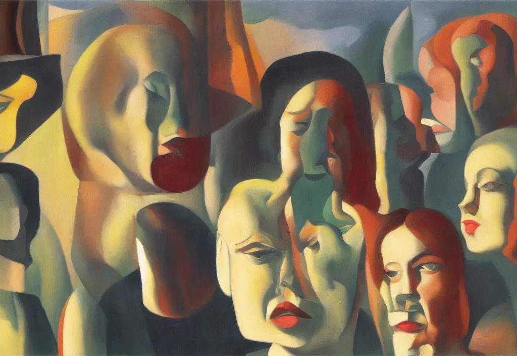 Image similar to group of people pictured in afternoon light, close - up of the faces, surrealist oil painting by edward hopper, dora maar and rene magritte