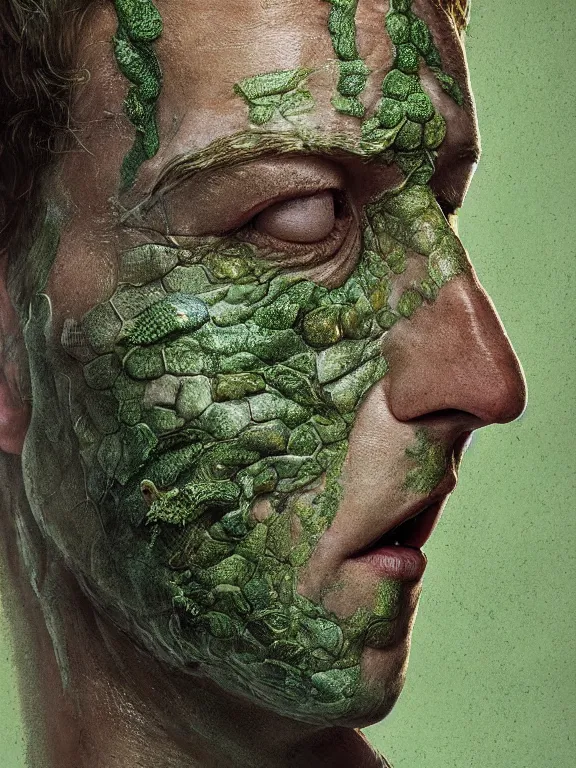 Prompt: portrait of a mark zuckerberg, skin peeling away to reveal green! scales!, forked snake tongue sticking out, art by ryo shiotani and greg rutkowski, intricate, beautiful, cinematic lighting, vintage art by serge ivanoff, high resolution, very detailed