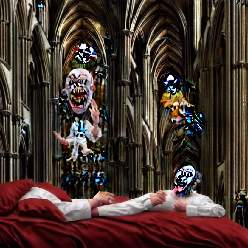 Prompt: a portrait of man sitting in a bed, screaming. the bed is inside a gothic cathedral. under the bed is a hideous laughing demon dressed as a catholic priest. digital art, hyperrealistic, nightmare, terrifying, supernatural, highly detailed, creepy