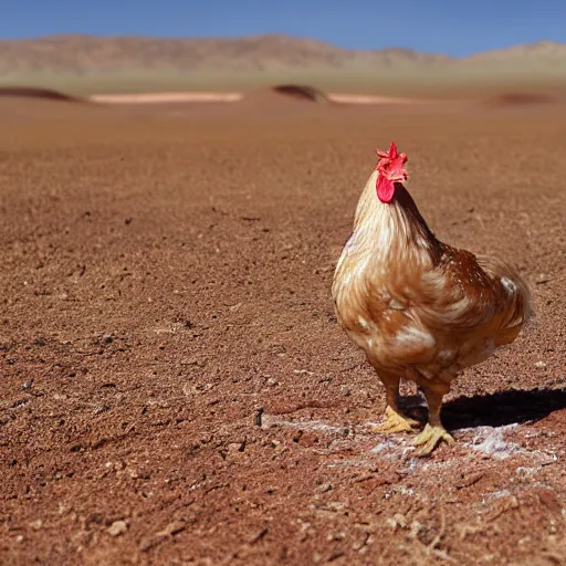 Prompt: realistic photograph of a chicken in a desert, high quality