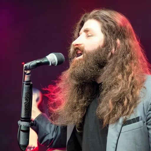 Image similar to bearded long - haired ross cheairs singing on stage