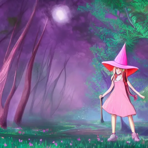 Image similar to a pink mage wearing a small satchel and a pink witch's hat walking through a lush psychedelic forest, concept art, anime