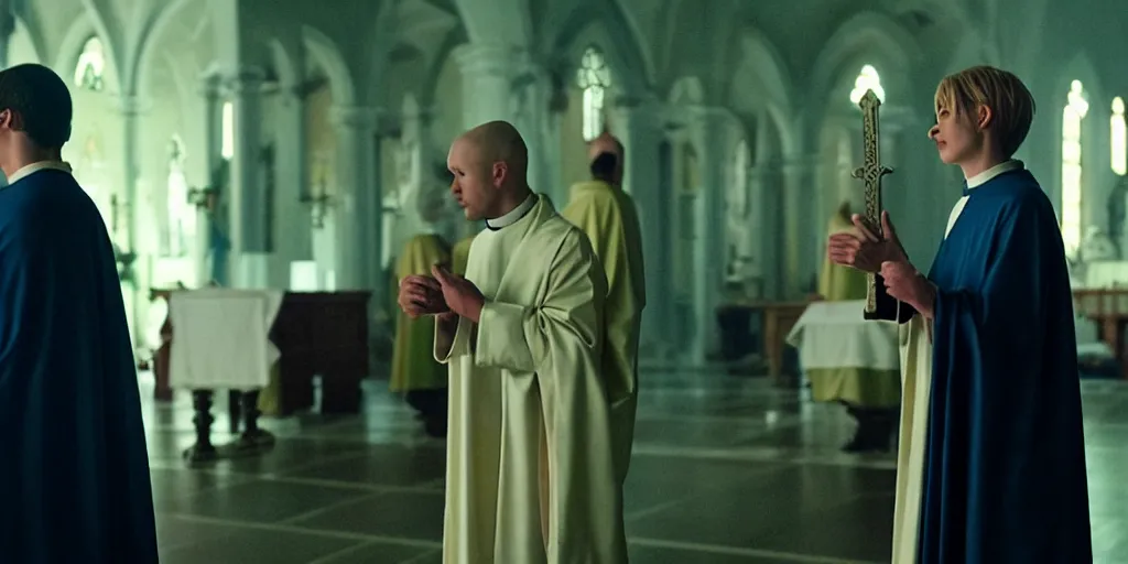 Prompt: a scene from a movie about a 3 4 - year old female cancer survivor who has an epiphany and decides to become a priest, she finds out there are real demons and battle the forces of evil with a sword in the shape of a cross 4 k, blue - ray screenshot, filmed by roger deakins