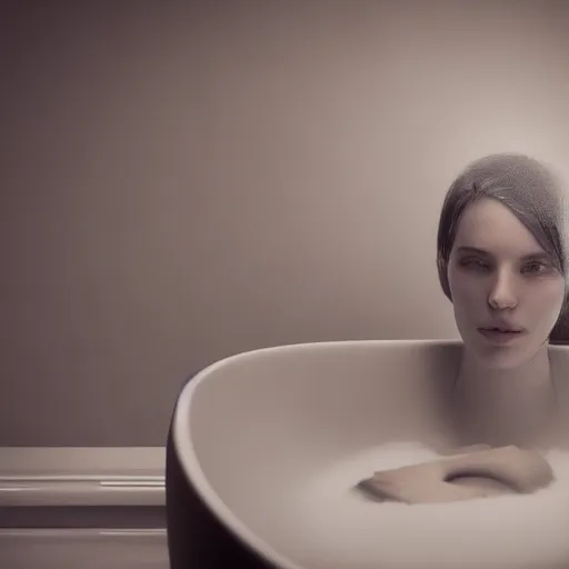 Image similar to woman on a bathtub, headshot, soft lighting, eerie, detailed, photorealistic view from top