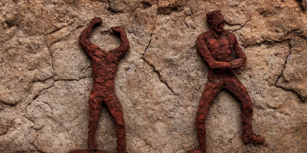 Prompt: highly detailed photography of a men made of rust clay, big rocks, hand gesture, sharp focus, clay texture, dramatic scene, aesthetic, dynamic lighting, elegant, harmony, masterpiece, by javier marin, high quality, spatula