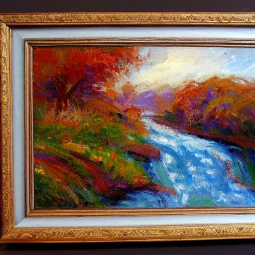 Prompt: a beautiful impressionist painting of a winding river, oils on canvas