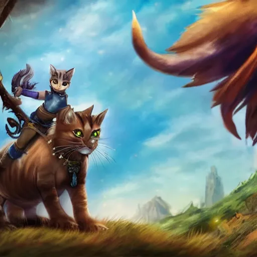Prompt: a small cat warrior riding on a large cat steed into adventures quests and battles with dramatic backgrounds and epic glory