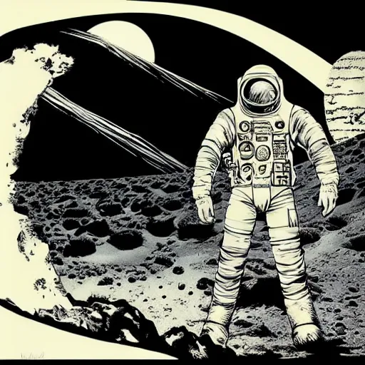 Prompt: a farm on the moon, earth seen in the distance by mike deodato, macabre