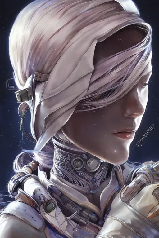 Image similar to female space warrior head wrapped in silk, 3d, sci-fi fantasy, intricate, elegant, highly detailed, lifelike, photorealistic, digital painting, artstation, illustration, concept art, sharp focus, art in the style of Shigenori Soejima