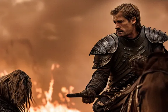 Image similar to very very intricate photorealistic photo of jaime lannister defeating cersei, photo is in focus with detailed atmospheric lighting, award - winning details