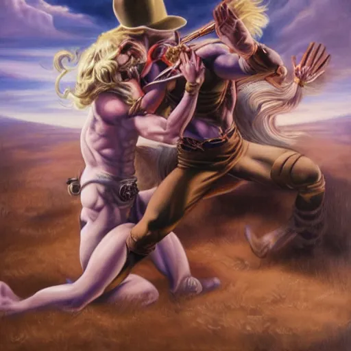 Image similar to An ultra realistic portrait painting of Gyro Zeppeli fighting Funny Valentine in the style of Frank Frazetta, 4k, Ultra realistic, Highly detailed, Dark fantasy, Epic lighting