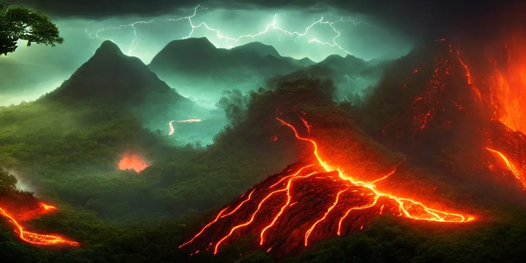 Image similar to boundary of two lands, green wild jungle vs dark mountain with lava, magic and lightning, epic, fantasy, D&D, intricate, highly detailed, sharp focus, cinematic lighting