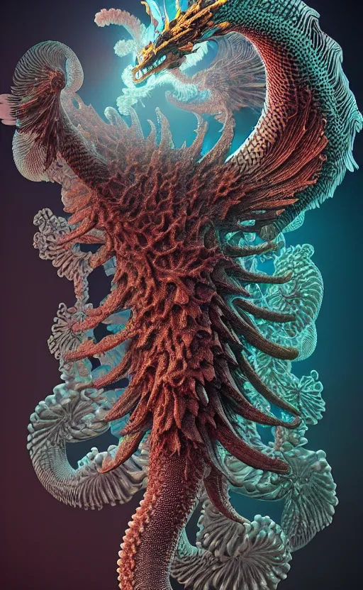 Prompt: dragon, intricate, eagle coral, jelly fish, feathers, mandelbulb 3 d, fractal flame, octane render, cyborg, biomechanical, futuristic, by ernst haeckel