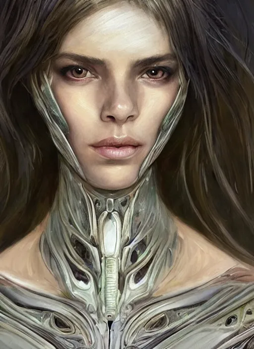 Image similar to a professional painting of a beautiful young female alien, clothed in ethereal armor, olive skin, long dark hair, beautiful bone structure, symmetrical facial features, intricate, elegant, digital painting, concept art, smooth, sharp focus, illustration, from Valerian and the City of a Thousand Planets, by Ruan Jia and Mandy Jurgens and Artgerm and William-Adolphe Bouguerea