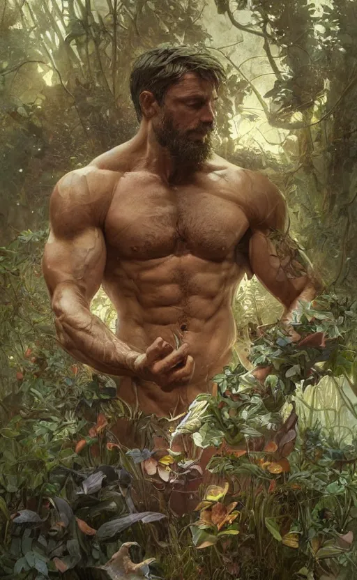 Image similar to god of the forest, 3 0 years old, rugged, male, gorgeous, detailed face, amazing, thighs!!!!!!, flowers, muscular, intricate, highly detailed, digital painting, artstation, concept art, sharp focus, illustration, art by greg rutkowski and alphonse mucha