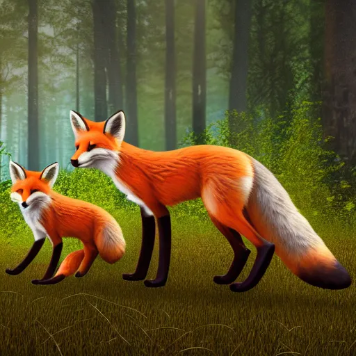 Image similar to photographic render of a fox with foxes on the background of the forest hyperrealistic 8k, very detailed