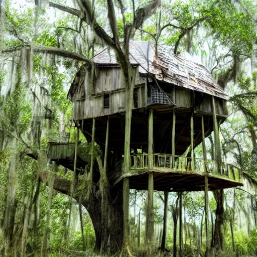 Prompt: delapidated treehouse in the Louisiana swamp