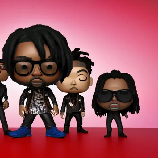 Image similar to funko pop of rap group migos members quavo, offset and takeoff, product shot, macro, hyper realistic, octane render, unreal engine, 4 k, 8 k