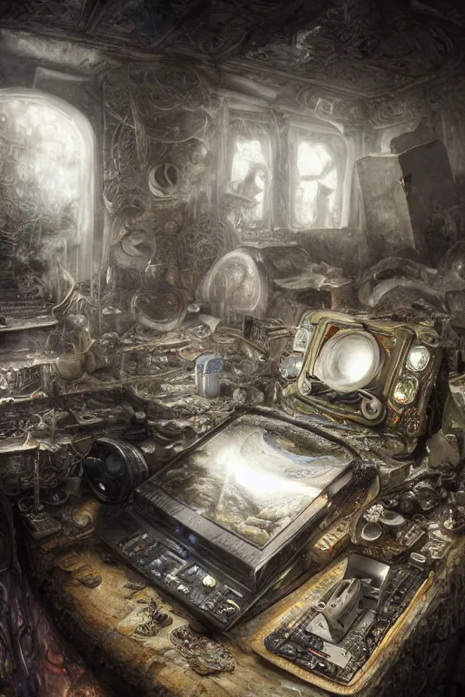 Image similar to the inside of a computer by mahmoud farshchian, very detailed, maximalism, ambient occlusion, volumetric light, sun beam, atmospheric haze, hyper realism, realistic shading, cinematic composition, realistic render, octane render, detailed textures, photorealistic, wide shot