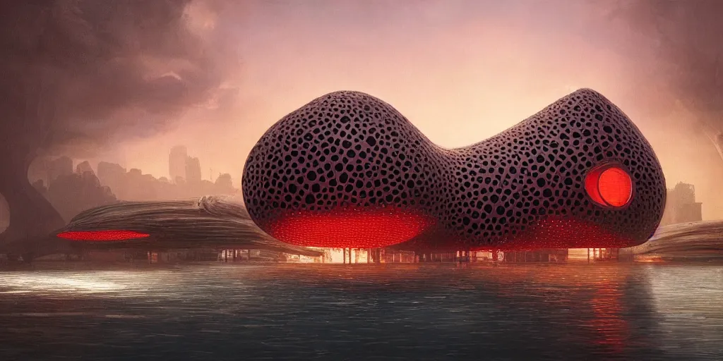 Image similar to An epic architectural rendering of a blob shaped trypophobia house with a mysterious red glow emitting from inside in a modern cityscape next to a river, by Zaha Hadid and Martin Johnson Heade and Greg Rutkowski, stunning, gorgeous, golden ratio, photorealistic, featured on artstation, 4k resolution