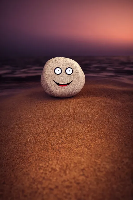 Image similar to A cute rock on the beach with googly eyes, dramatic lighting, cinematic, establishing shot, extremely high detail, foto realistic, cinematic lighting, post processed, concept art, high details, cinematic, 8k resolution, beautiful detailed, photorealistic, digital painting, artstation, concept art, smooth, sharp focus, artstation trending, octane render, unreal engine