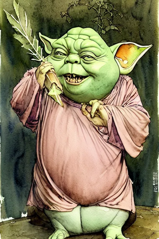 Image similar to a realistic and atmospheric watercolour fantasy character concept art portrait of a fat yoda with pink eyes giggling and holding a blunt with a pot leaf nearby, by rebecca guay, michael kaluta, charles vess and jean moebius giraud