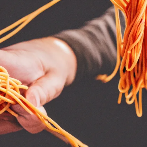 Prompt: photo of man being tied up with spaghetti