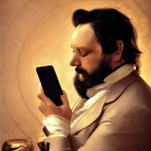 Image similar to victor hugo playing on his phone, digital art, trending on art station, high quality, uhd 8 k, beautiful, golden hour, intricate detail, high gradient, raytracing, dynamic lighting, sharp focus