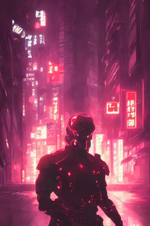 Image similar to portrait of ninja slayer, japan, in cyberpunk, neon lighting, night city, digital art from artstation by Ruan Jia and Mandy Jurgens and Artgerm and william-adolphe bouguereau and Greg Rutkowski