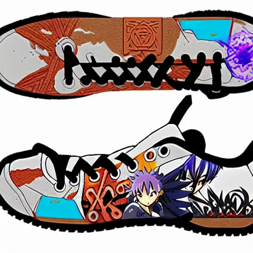 Image similar to fantasy anime jrpg sneaker design designed by studio ghibli, chrono trigger guilty gear style, aztec mayan street fashion native punk sneaker design, hip hop sneaker design with subtle mayan patterns, gapmoe yandere grimdark, trending on pixiv fanbox, painted by greg rutkowski makoto shinkai takashi takeuchi studio ghibli, akihiko yoshida