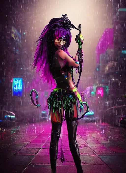 Prompt: An epic fantasy comic book style full body portrait painting of a very beautiful cybergoth Hula Dancer in the rain, neon reflections in the rain puddles, character design by Mark Ryden and Pixar and Hayao Miyazaki, unreal 5, DAZ, hyperrealistic, octane render, cosplay, RPG portrait, dynamic lighting, intricate detail, cinematic