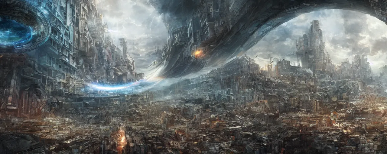 Prompt: a wormhole opening up in the middle of a post-apocalyptic city full of people, large scale, breathtaking, mixed media, digital art, trending on artstation, 8k, epic composition, highly detailed, AAA graphics