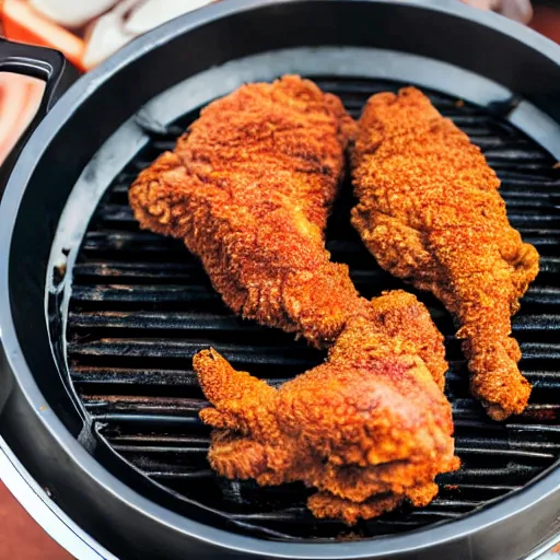 Prompt: photo of fried chicken on a charcoal bbq