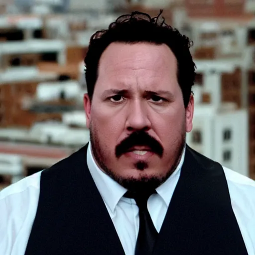 Prompt: clean-shaven Jon Favreau as Happy Hogan wearing a white dress shirt and black vest and black necktie floats high above a city with a frightened expression on his face