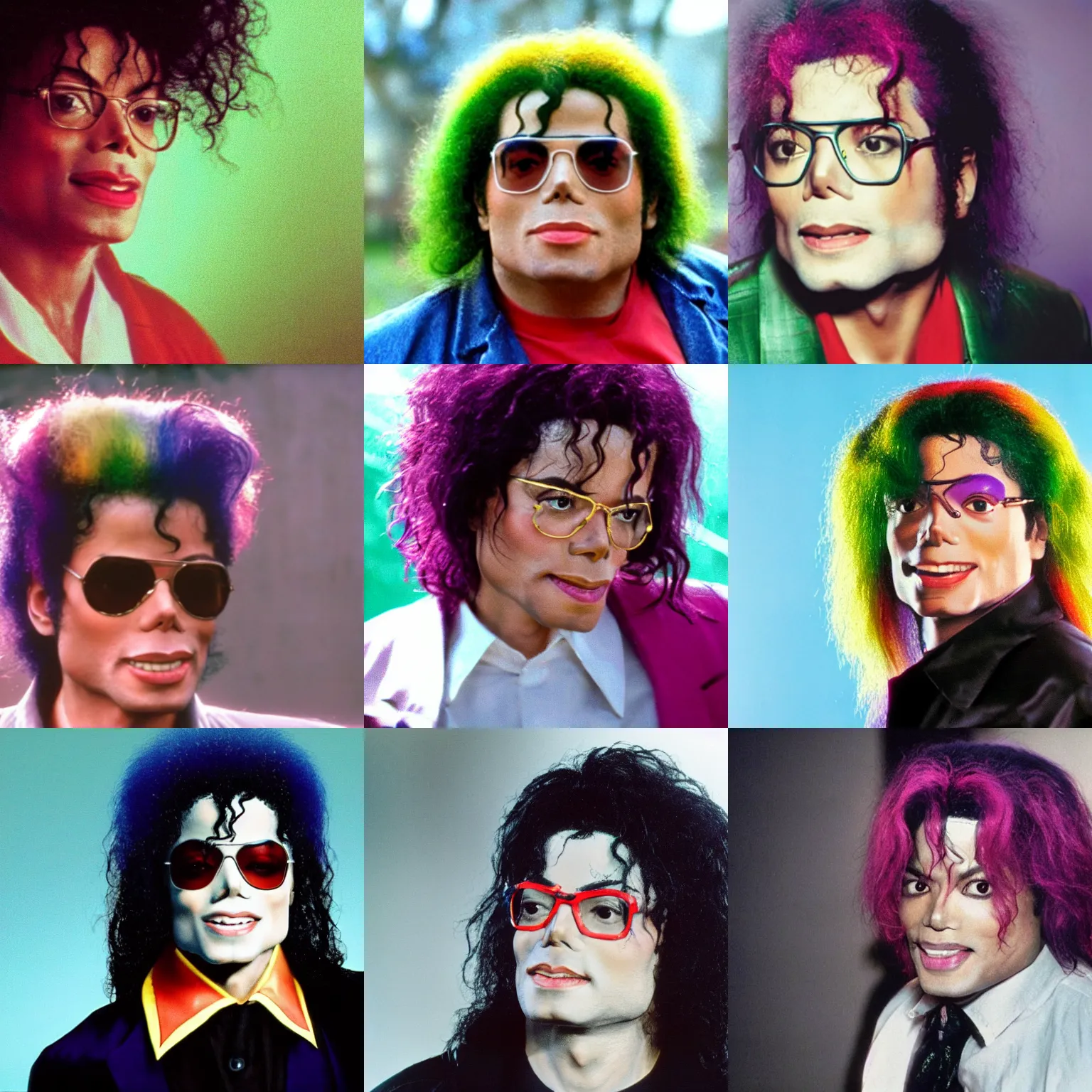 Prompt: soft light, very realistic film still of michael jackson as obese rainbow haired nerd, medium shot close up