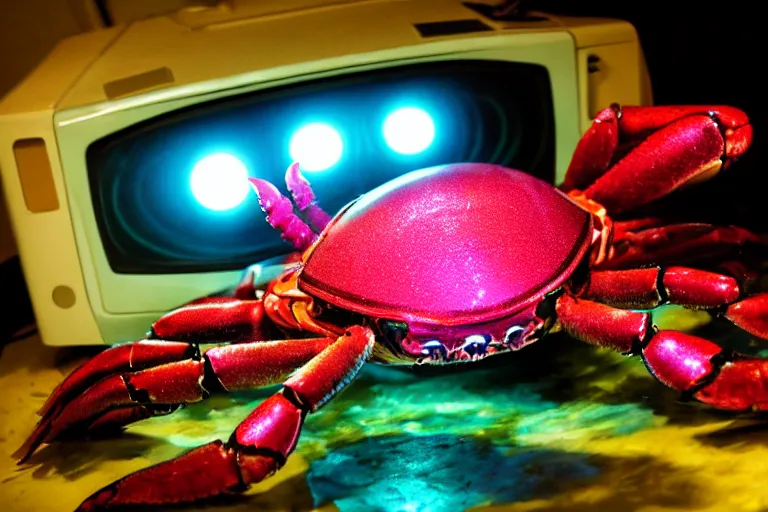 Image similar to robot kawaii cute cyborg - crab underwater, in 2 0 1 2, bathed in the the glow of a crt television, crabcore cybercore, low - light photograph, photography by tyler mitchell