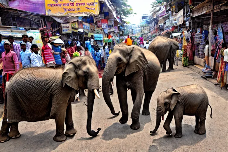 Image similar to elephants walking through an street market in India