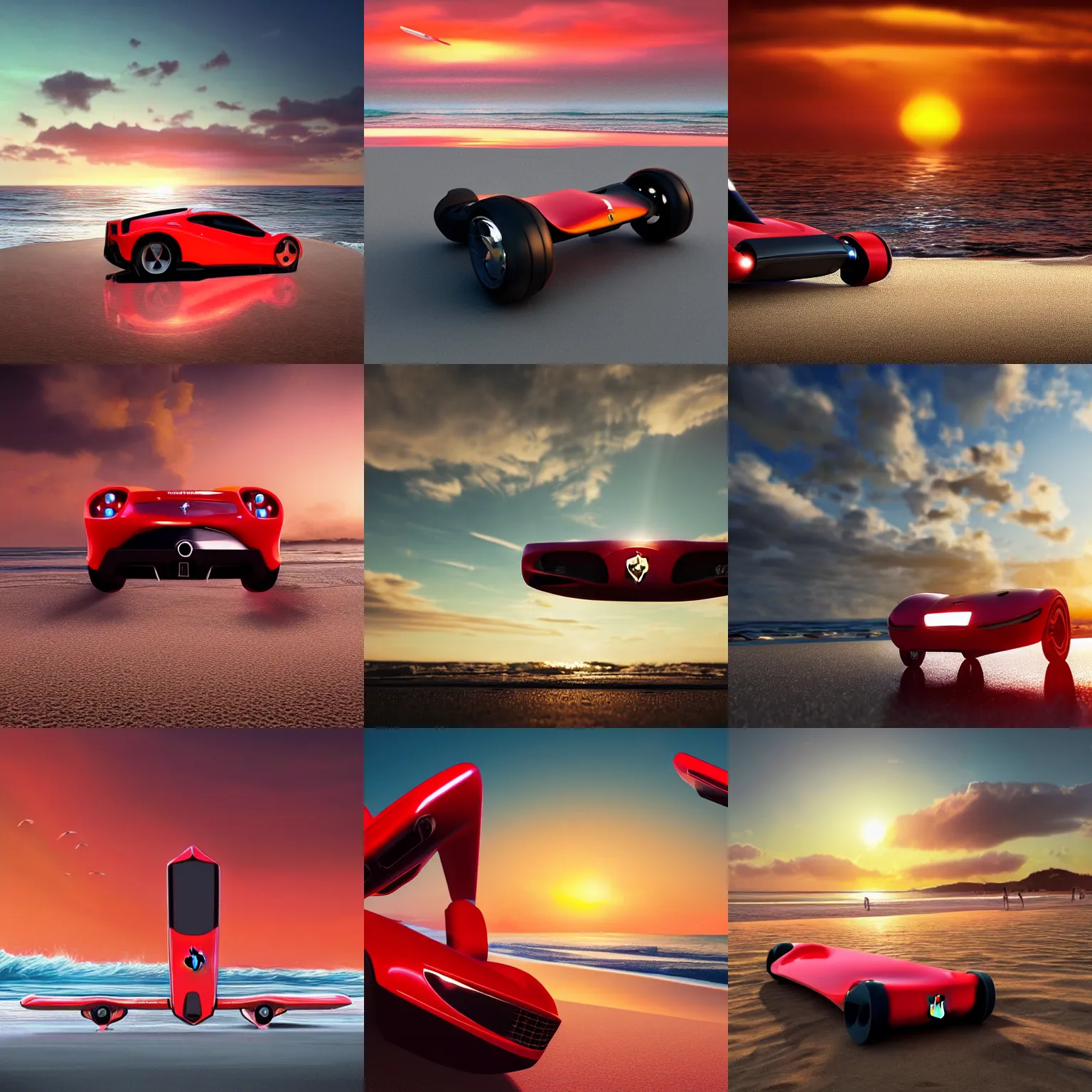 Prompt: concpet art featuring a futuristic red ferrari style hoverboard sitting at the beach during sunset. fine detail. surf. this 4 k hd image is trending on artstation, featured on behance, well - rendered, extra crisp, features intricate detail, epic composition and the style of unreal engine.