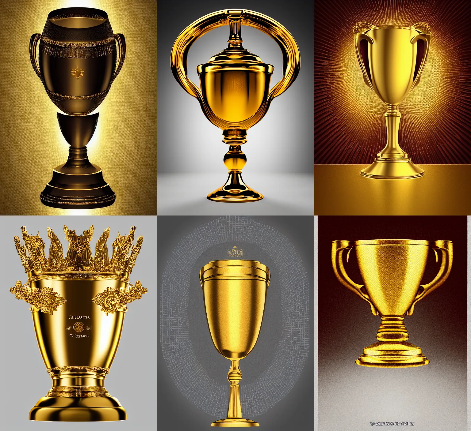 Prompt: “ golden chalice, wining, award, front, center, white background, render corona, redshift render, photorealistic, studio light, stock, bright ”