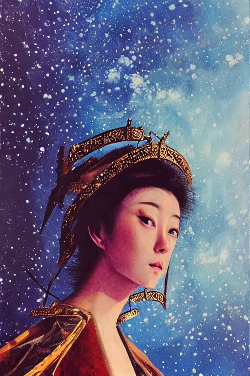 Image similar to hyperrealism oil painting, close - up portrait of medieval fashion model, knight, steel gradient mixed with nebula sky, in style of baroque mixed with 7 0 s japan book art