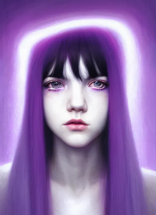 Image similar to hair whitebangs hair, black hair, whitebangs, portrait of teenage girl with white bangs, red irises, purple clothes, white bangs, bangs are different color from hair, intricate, elegant, glowing lights, highly detailed, digital painting, artstation, concept art, smooth, sharp focus, illustration, art by wlop, mars ravelo and greg rutkowski