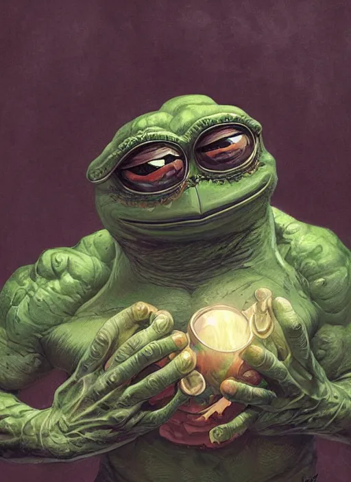 Image similar to Portrait of Pepe The Frog, marvel comics, dark, intricate, highly detailed, smooth, artstation, digital illustration by Ruan Jia and Mandy Jurgens and Artgerm and Wayne Barlowe and Greg Rutkowski and Frank Frazetta